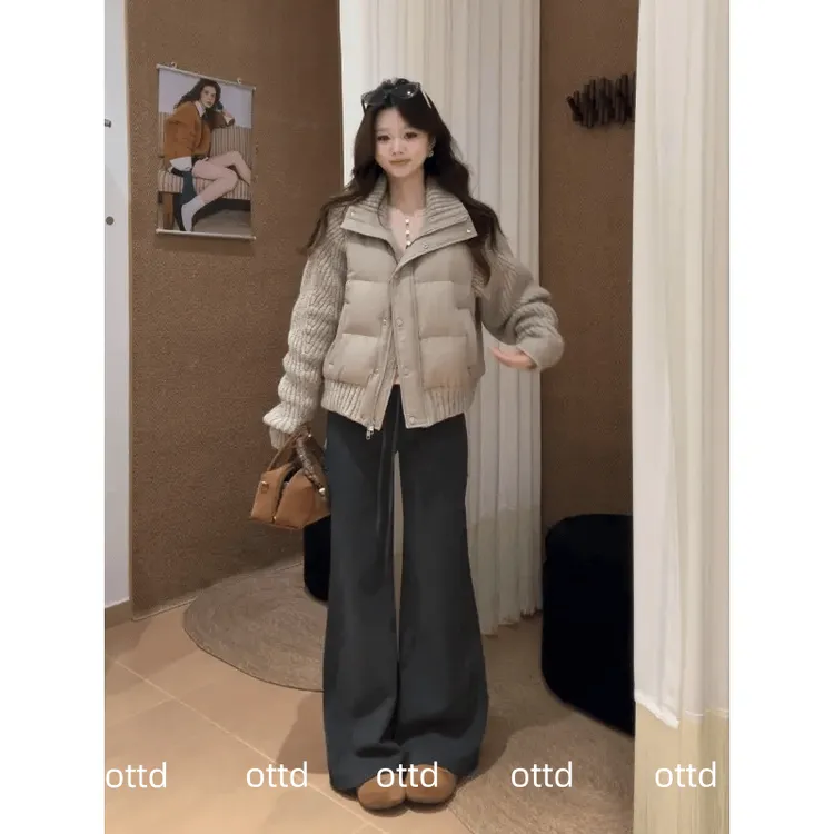 冬季炸街一整套女装韩系加厚保暖针织拼接棉服外套抽绳显瘦休闲裤