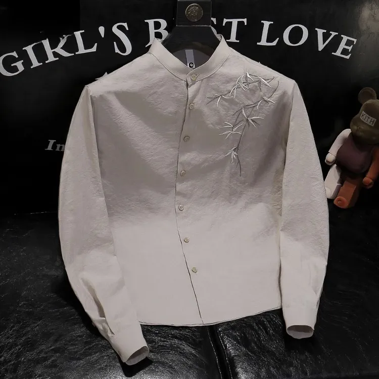 高端潮牌时尚衬衫春秋新款中国风竹子刺绣长袖衬衣休闲上衣