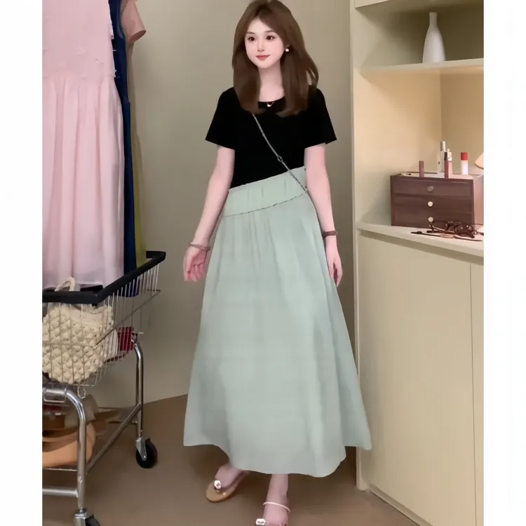 夏季时尚简约风大码女装气质长裙短袖中长款拼接中长裙法式连衣裙