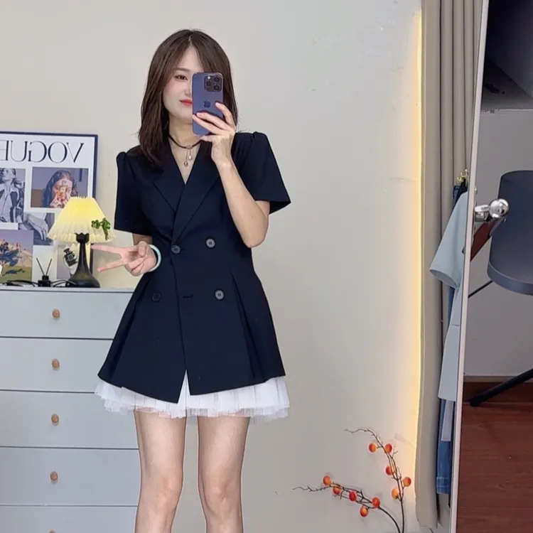 夏季短袖轻薄透气凉快时尚气质收腰显瘦法式网纱百褶短裙子