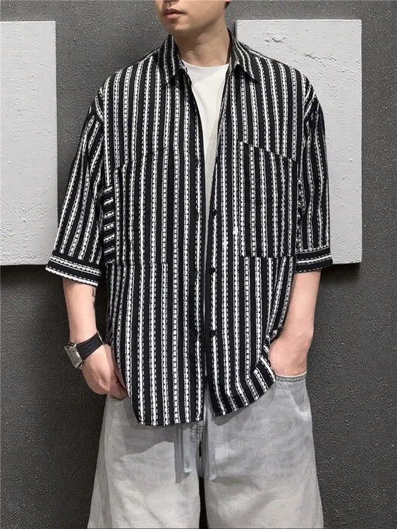 夏季新款青年复古做旧撞色翻领宽松短袖衬衫男百搭透气舒适流行帅