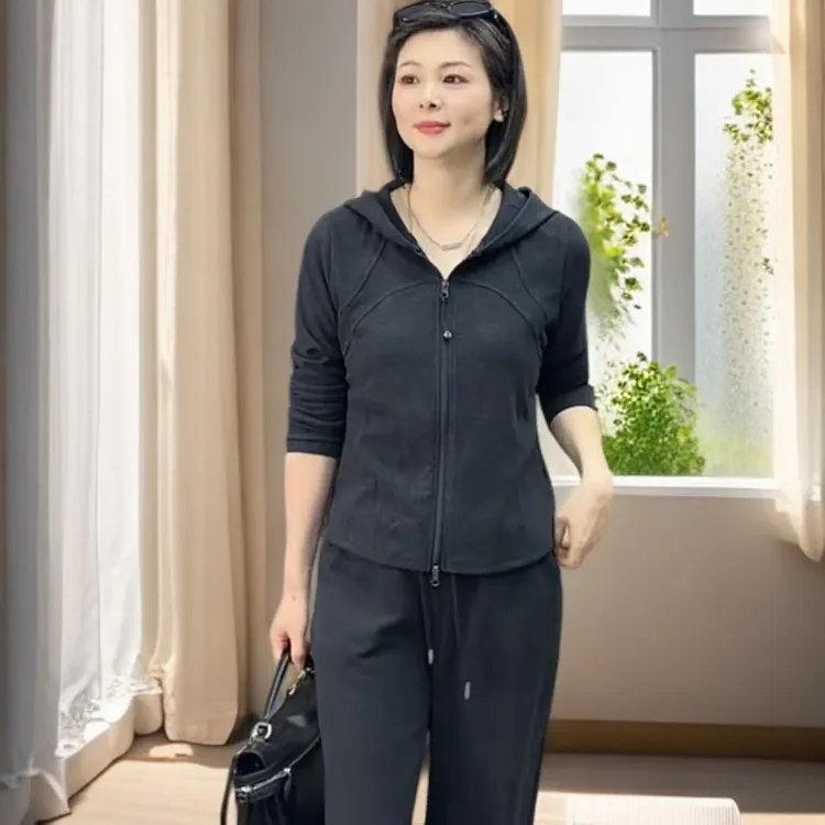 藏青高腰阔腿裤运动套装女欧货2025秋新款休闲显瘦连帽拉链两件套