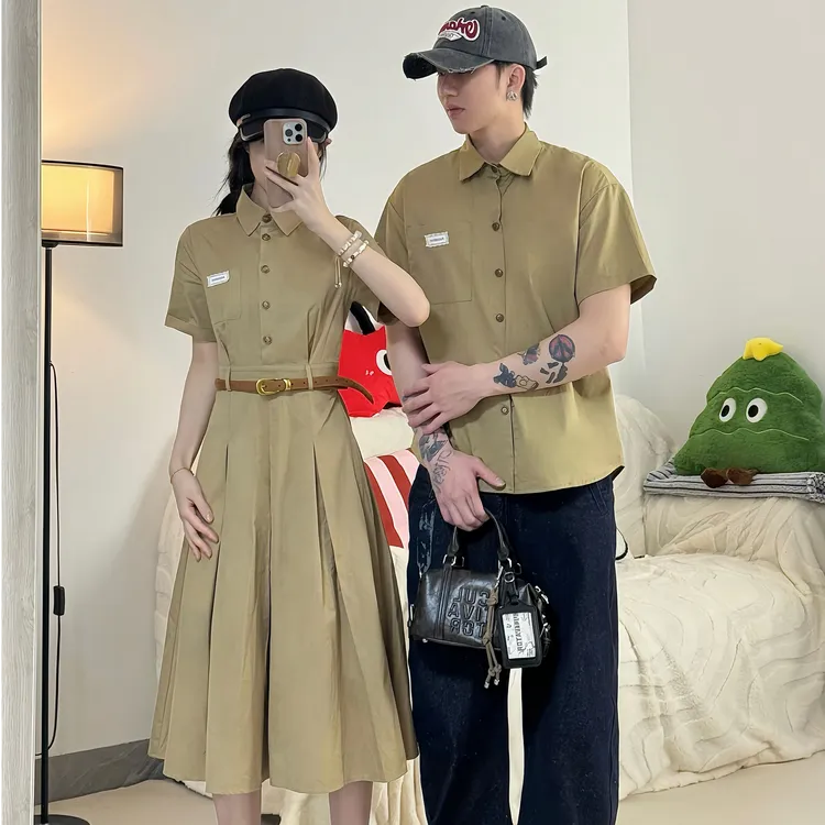 情侣装夏季气质短袖休闲高腰连衣裙修身宽松翻领男衬衫一裙一衣