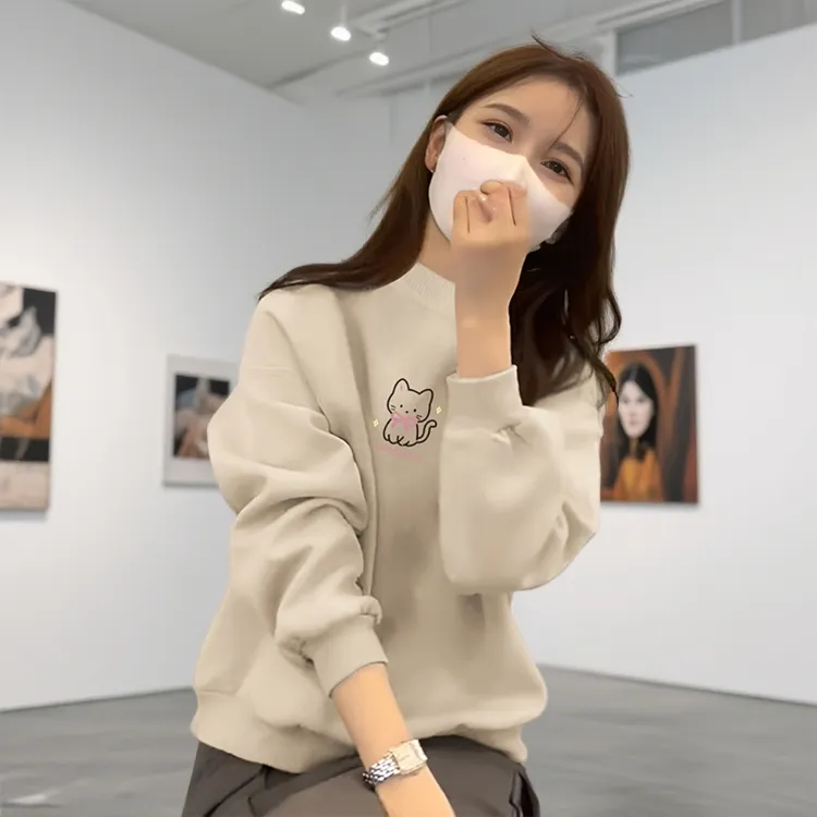 半高领加绒卫衣女秋冬2025新款韩版洋气猫咪印花奶杏色打底衫上衣