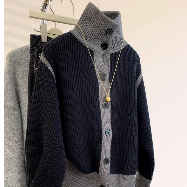 黑色高领毛衣外套女秋冬冬季2025新款慵懒风翻领加厚针织开衫上衣