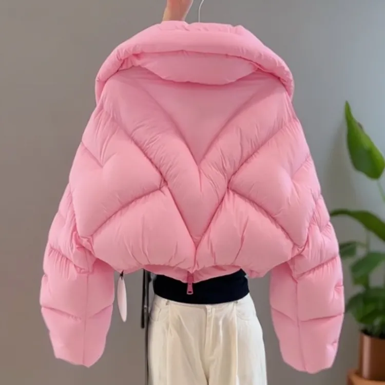 韩系超好看立领粉色短款羽绒服女冬季2025新款小个子面包服厚外套