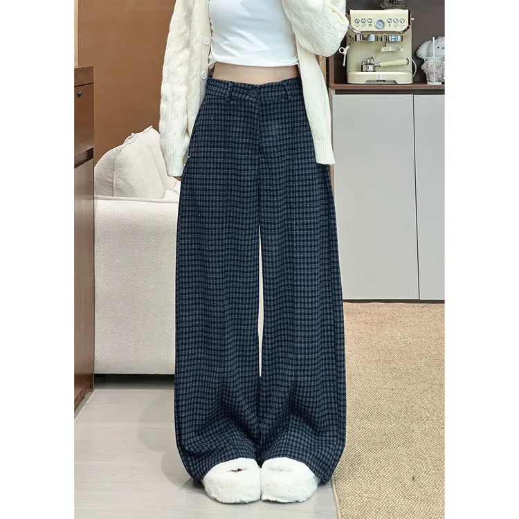 藏青色格子阔腿裤女秋冬季2025新款高腰宽松直筒慵懒风休闲拖地裤