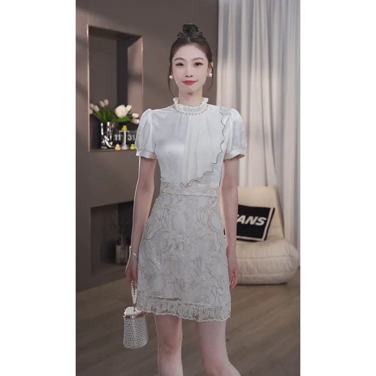 TANS【夏季新品】蕾丝显瘦气质白色复古国风法式收腰连衣裙