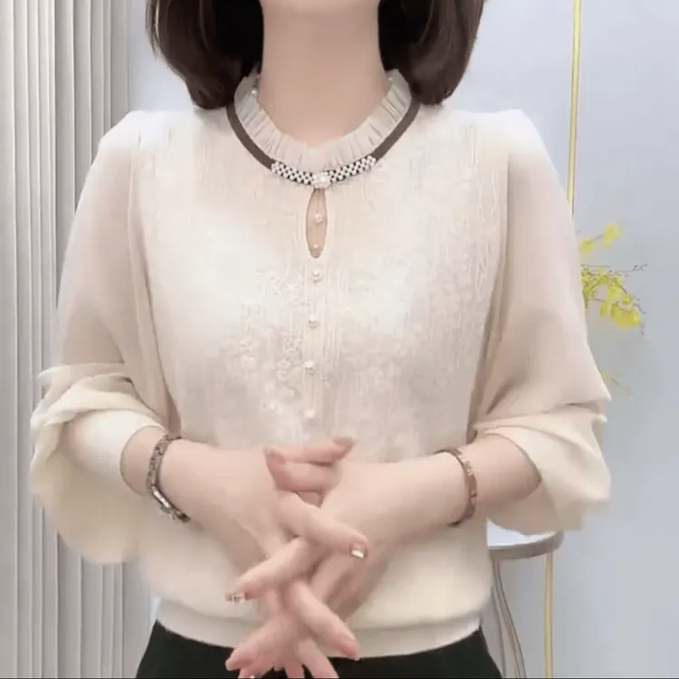 法式圆领时尚钉珠百搭针织上衣纯色宽松减龄显瘦套头打底毛衣小衫