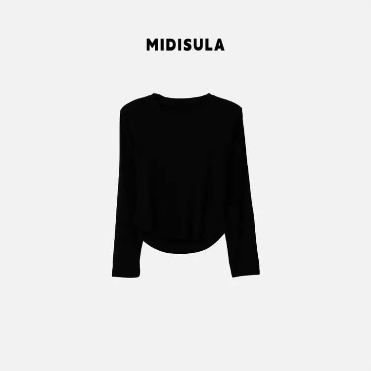 MDSL·早秋新款时尚百搭垫肩镂空腰长袖长款T恤#1353