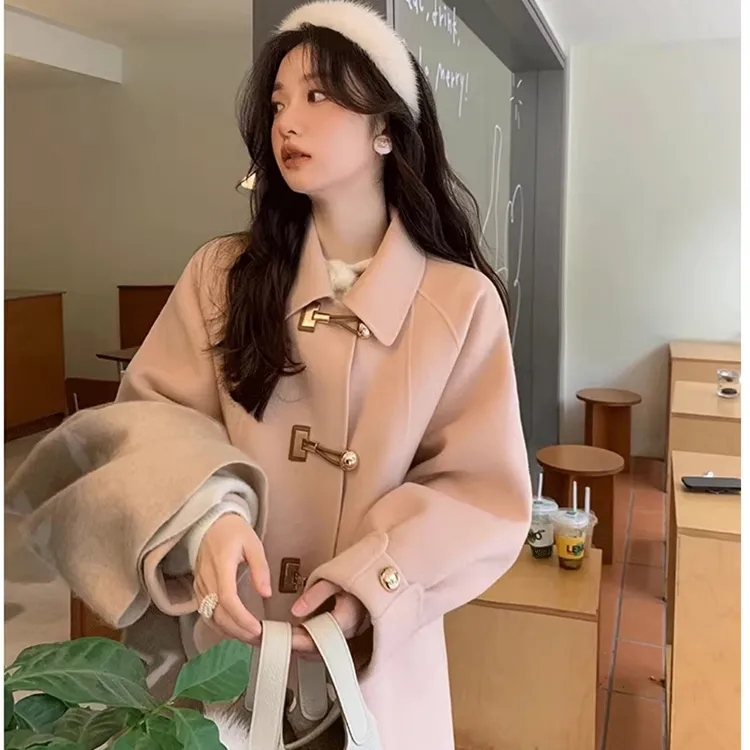 高级感小个子双面绒牛角扣大衣女款秋冬季2025新款加厚毛呢外套