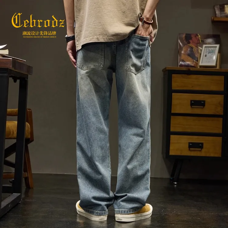 法国Cebrodz复古水洗做旧破洞牛仔裤男宽松垂感阔腿裤秋休闲直筒