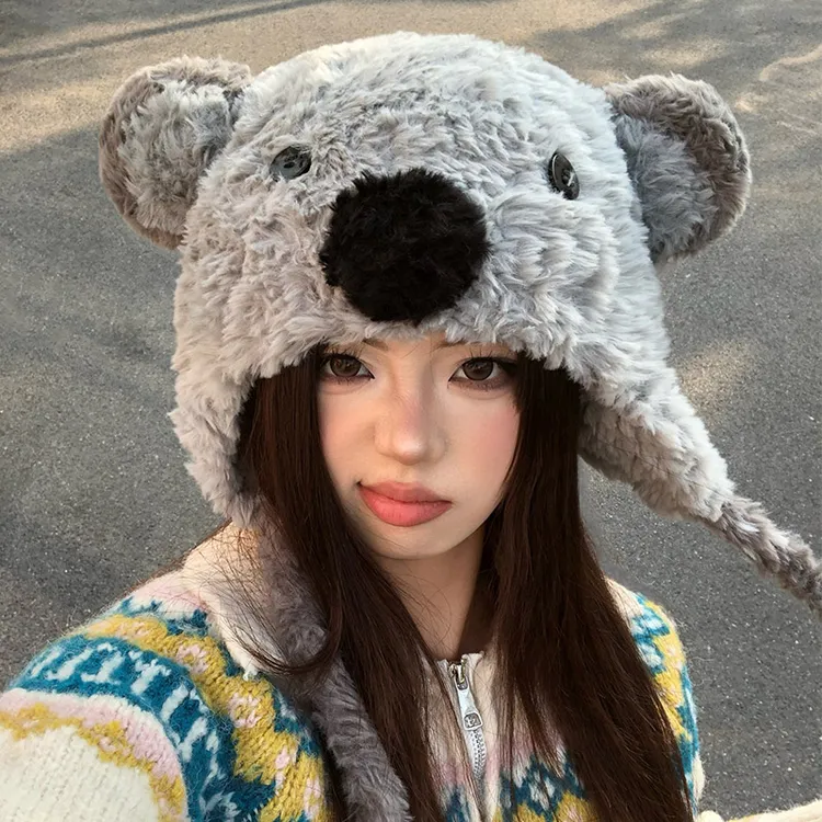 可爱考拉包头帽子女款2025秋冬季新款防风护耳帽潮流百搭雷锋帽子
