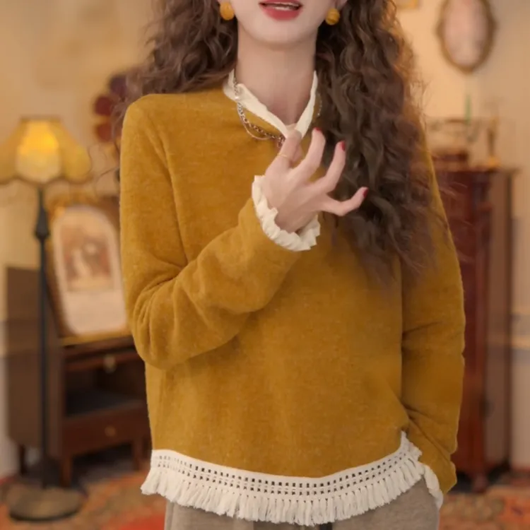 【暖釉生辉】秋冬显瘦港风复古拼接针织百搭T恤打底上衣LK2508340