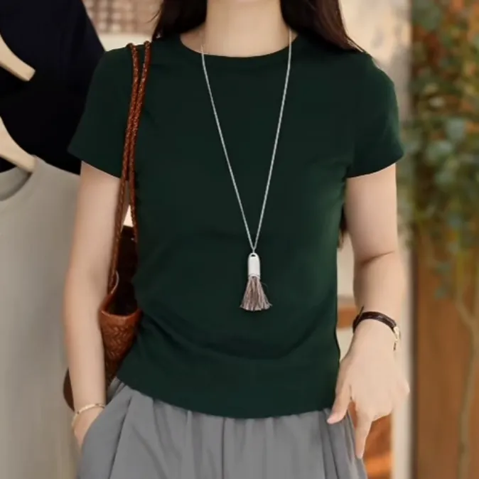 简约光板纯色短袖打底衫上衣2025新款夏季正肩显瘦休闲简约上衣