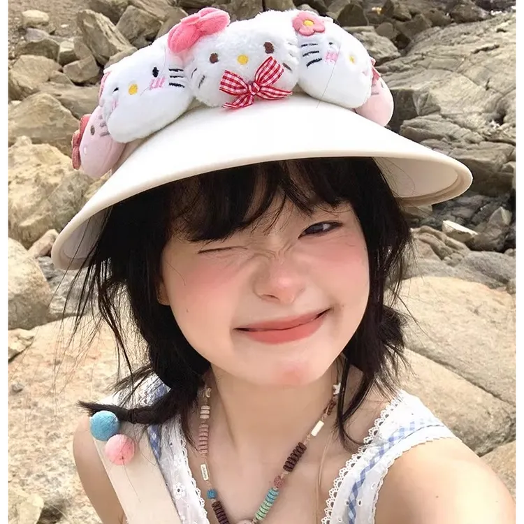 可爱kitty猫空顶防晒帽女夏季防紫外线遮阳老年人防晒帽檐遮阳帽