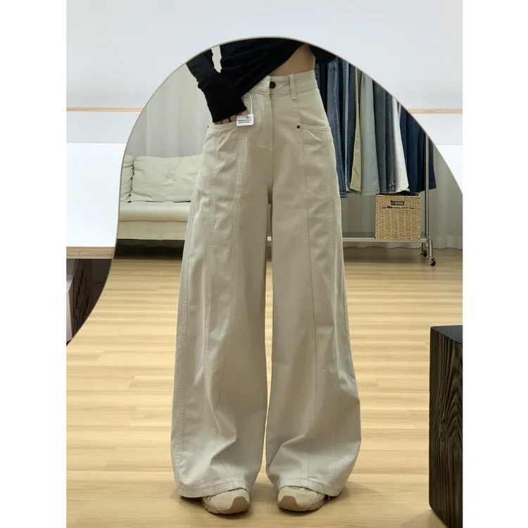 145小个子美式杏色工装阔腿牛仔裤女新款高腰宽松直筒拖地长裤潮