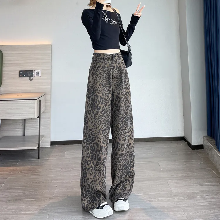 豹纹阔腿牛仔裤女款爆款2025新款春秋美式高腰显瘦宽松休闲工装裤