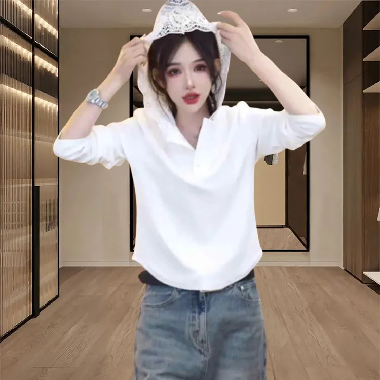 欧货连帽洋气打底衫女款2025新款春秋高级感蕾丝短款别致好看上衣