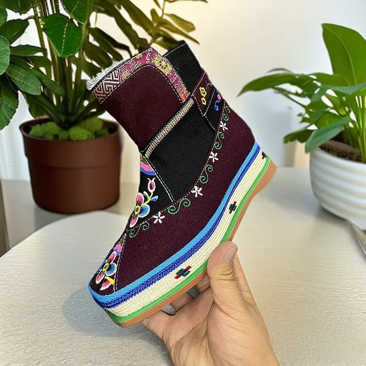 名族风女藏式高筒鞋秋冬酒红色印花厚底