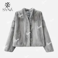 syna希娜 进口顶奢稀有蓝宝石短款V领xxp色水貂外套