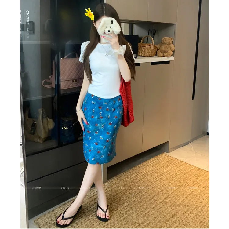 泰兰德少女 蓝色碎花雪纺直筒半身裙中裙高腰复古中长款裙子