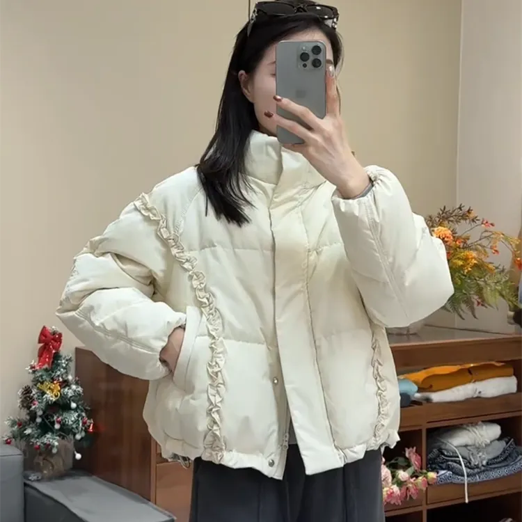 立领木耳边短款棉服2025冬季新款宽松时尚保暖面包服小个子外套