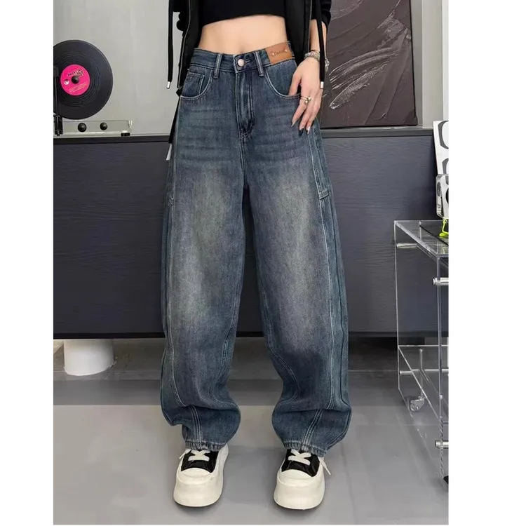 美式复古牛仔裤女2025秋冬加绒小个子大码高腰宽松镰刀弯刀阔腿裤