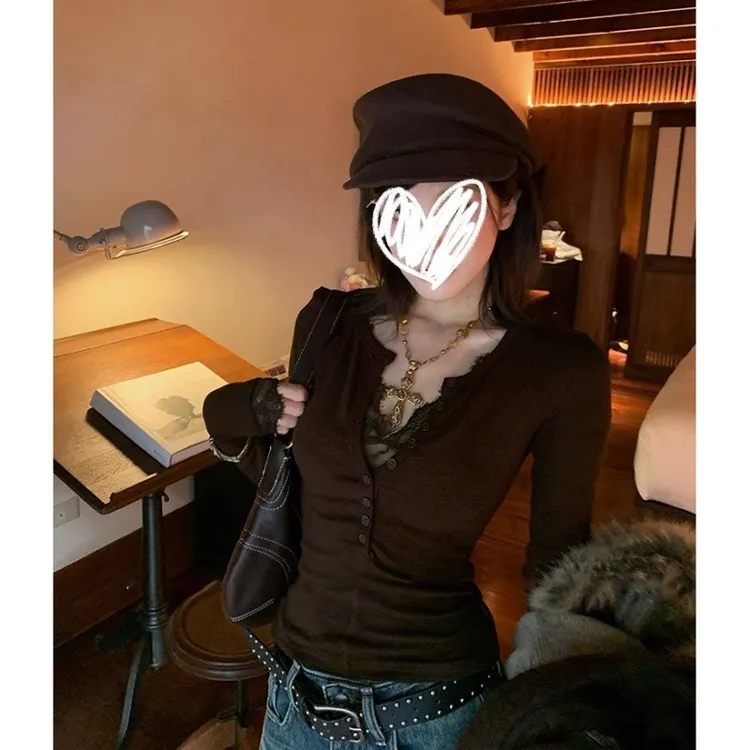 2025秋冬磨毛假两件拼接蕾丝边系扣长袖显瘦气质女内搭T恤上衣