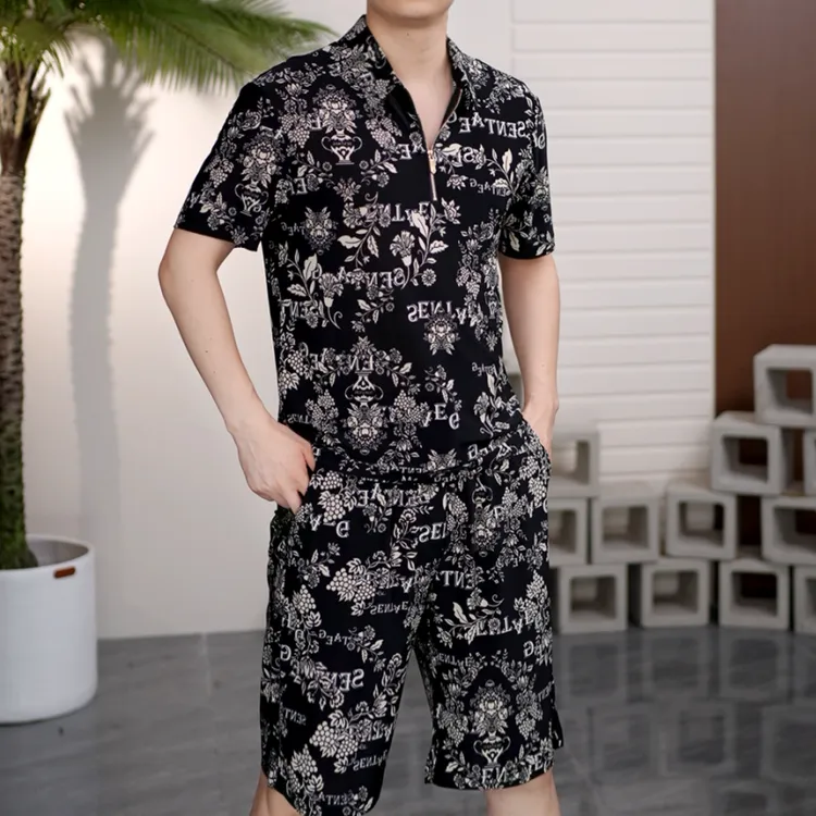 2025夏季男士欧货半袖翻领拉链花纹牛奶丝轻奢短袖T恤短裤TZ5188