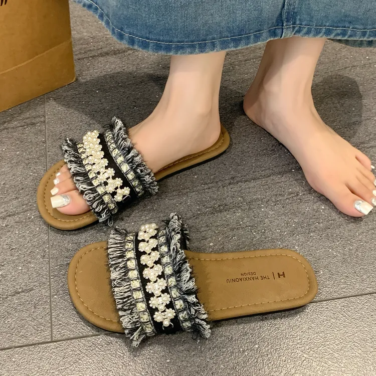 仙女小香风平底拖鞋女款外穿凉拖软底带钻闪钻流苏一字拖户外休闲