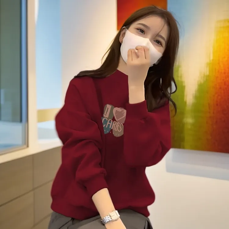 即墨加绒保暖卫衣女2025新款秋冬季半高领打底衫加厚长袖红色上衣