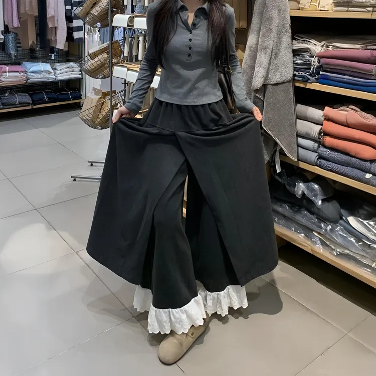 设计感韩系时尚蕾丝拼接裤裙女大码胖mm秋季垂坠感宽松阔腿休闲裤
