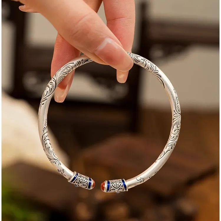 足银手镯 纯银手镯女9999足银镯子唐草纹吉言复古足银镯子情侣款