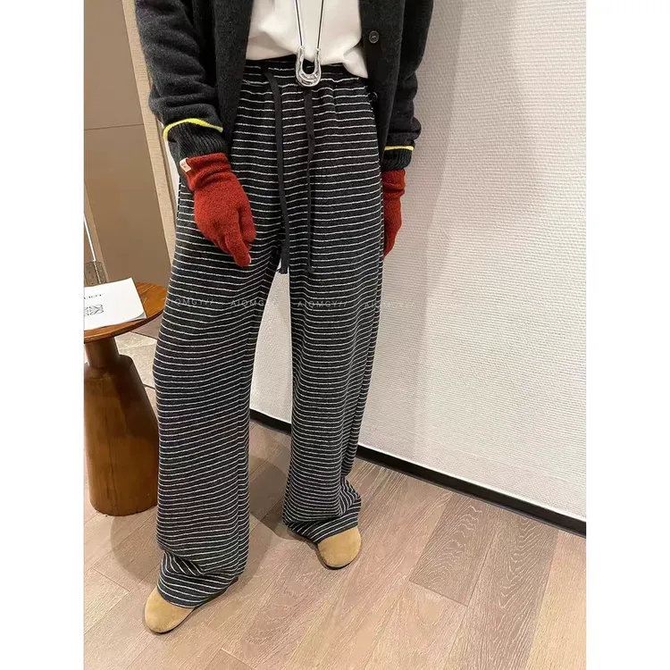 加绒加厚条纹休闲裤女冬季新款显瘦胖mm梨形身材小个子阔腿拖地裤