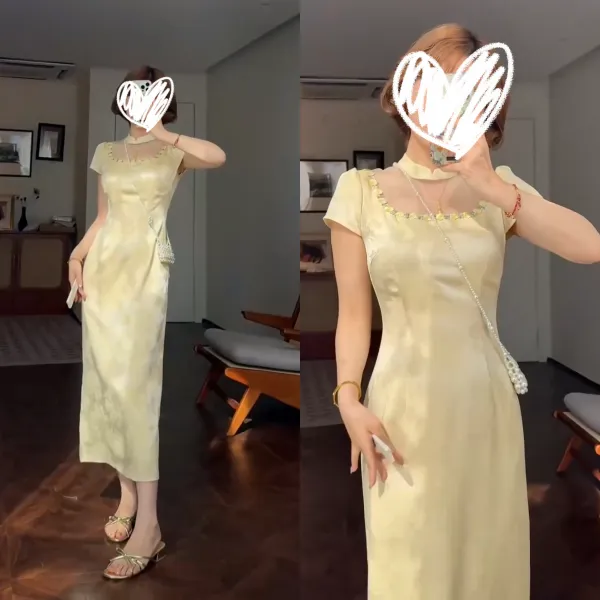 2025夏季新中式设计感拼接网面小盖袖修身旗袍日常高级短袖连衣裙