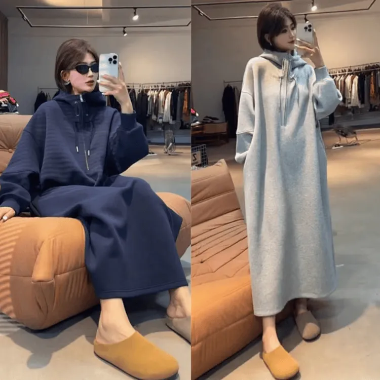 欧货慵懒裙女2025春季新款连帽半开领连衣裙直筒过膝休闲卫衣裙潮