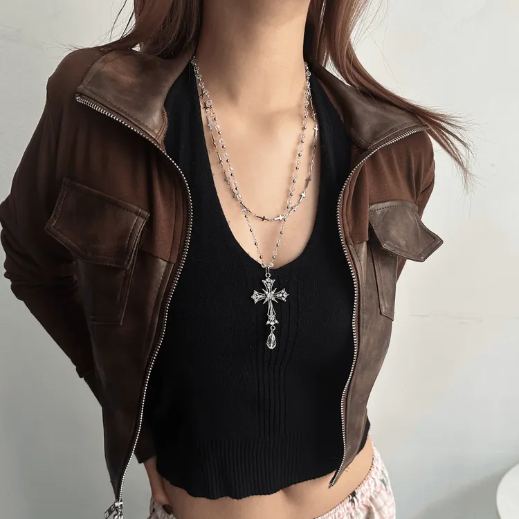 合金项链 朋克个性轻奢时尚小众潮流高级感十字架长款吊坠项链女