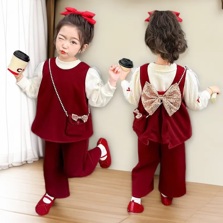 新年洋气衣服套装女孩家绒加厚冬装宝宝红色衣服三件套儿童拜年服