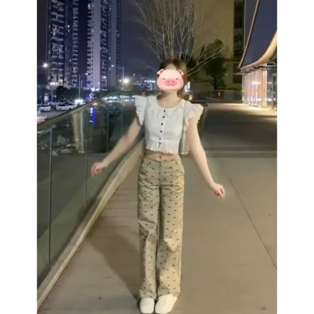 法式白色蕾丝小飞袖荷叶边衬衫别致短款上衣蝴蝶印花阔腿裤套装女