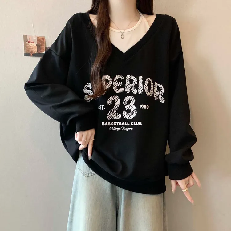 大码遮肚子假两件字母印花卫衣女春秋微胖MM宽松显瘦百搭洋气上衣
