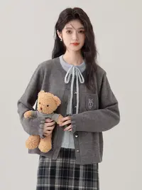 2025秋冬季新款假两件针织衫女慵懒气质圆领短款系带开衫上衣