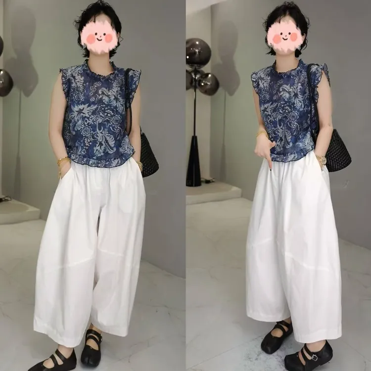 夏季新款国风新中式时尚碎花木耳边印花无袖上衣T套装百搭哈伦裤