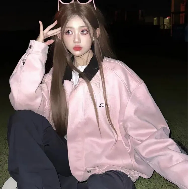 粉色棒球服外套女春秋2025新款美式街头宽松短款麂皮绒翻领外套