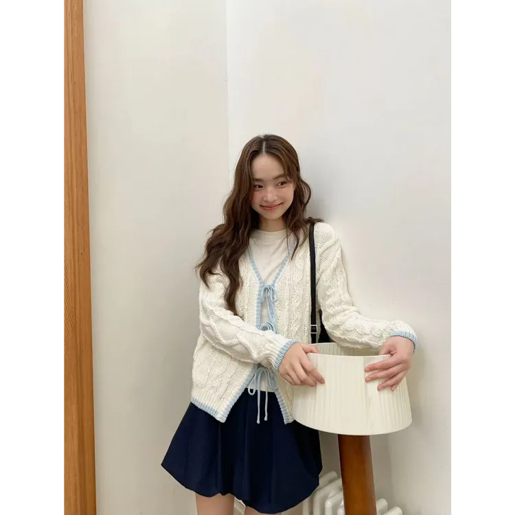 秋季宽松设计感麻花撞色绑带针织开衫时尚新款休闲显瘦上衣L1435