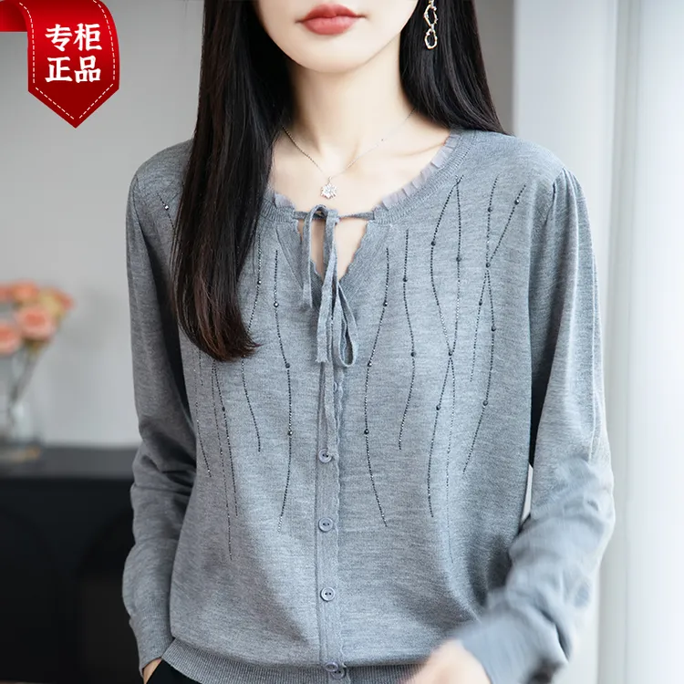 正品哥弟新款长袖薄款系带羊毛针织衫女早秋季重工烫钻上衣洋气