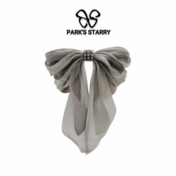 GREBUTY T005 简约百搭烟灰色细闪飘带蝴蝶结弹簧夹