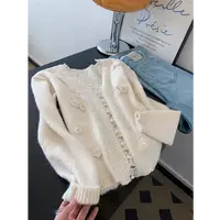 洋洋优选-秋冬新款拼接蕾丝花边V领单排扣设计毛衣外套女 YY71865