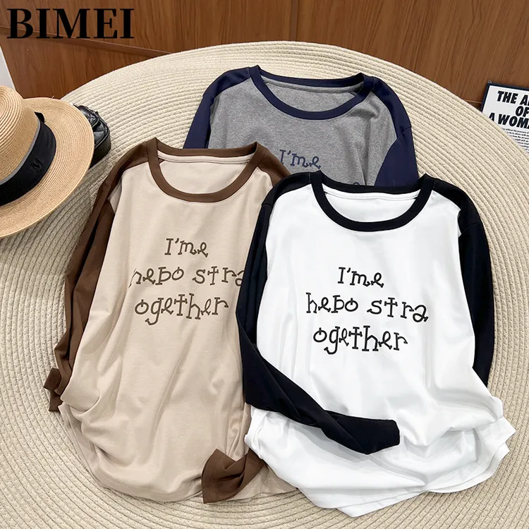 必魅-2025秋冬港风ins拼接色减龄长袖T恤55671设计感上衣字母印花