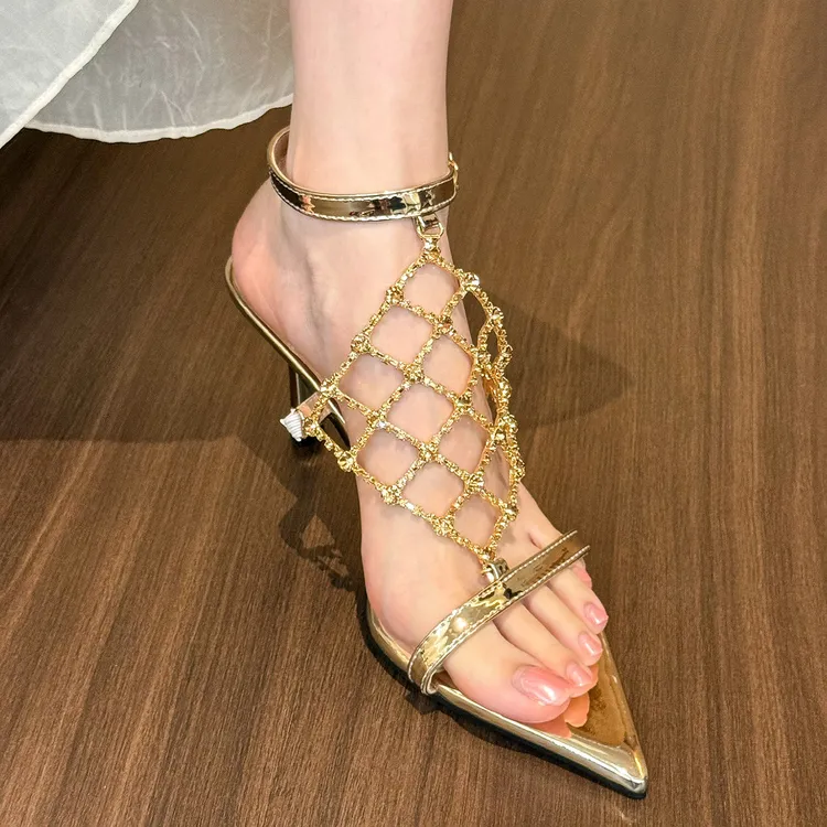 FGYZ-388-9银河美神！尖头镂空水钻凉鞋女2025年夏季一字带高跟鞋